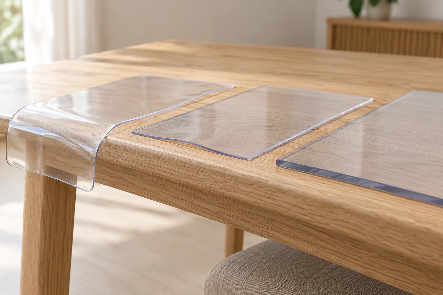 Échantillons transparents de différentes souplesses disposés sur une table en bois clair