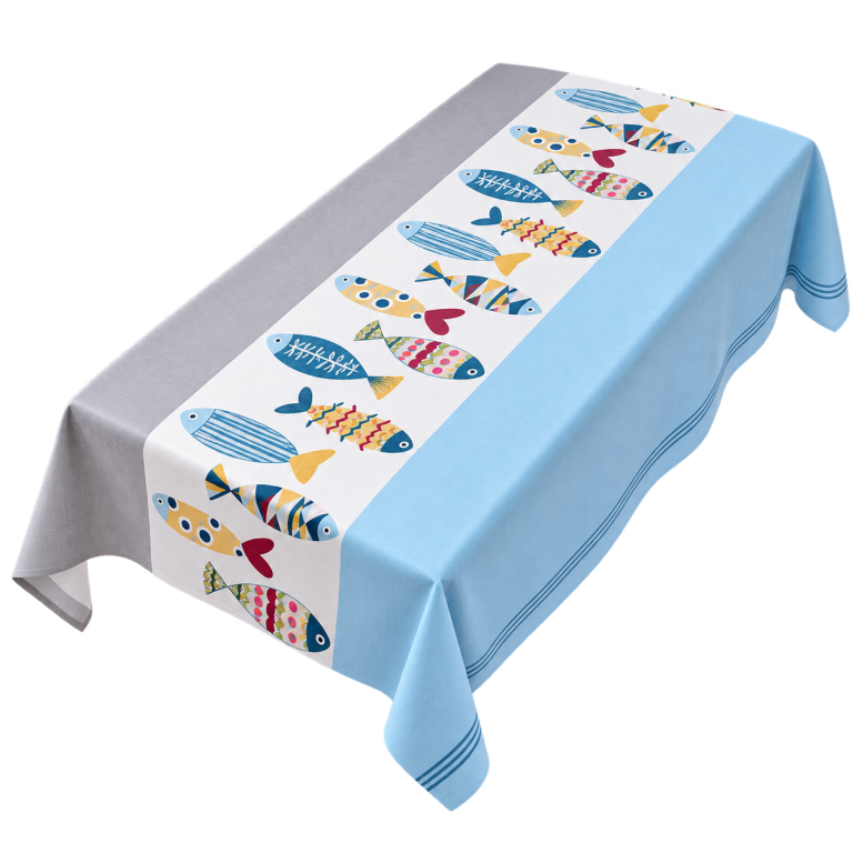 Illustration détourée d’une toile cirée originale à motifs de poissons
