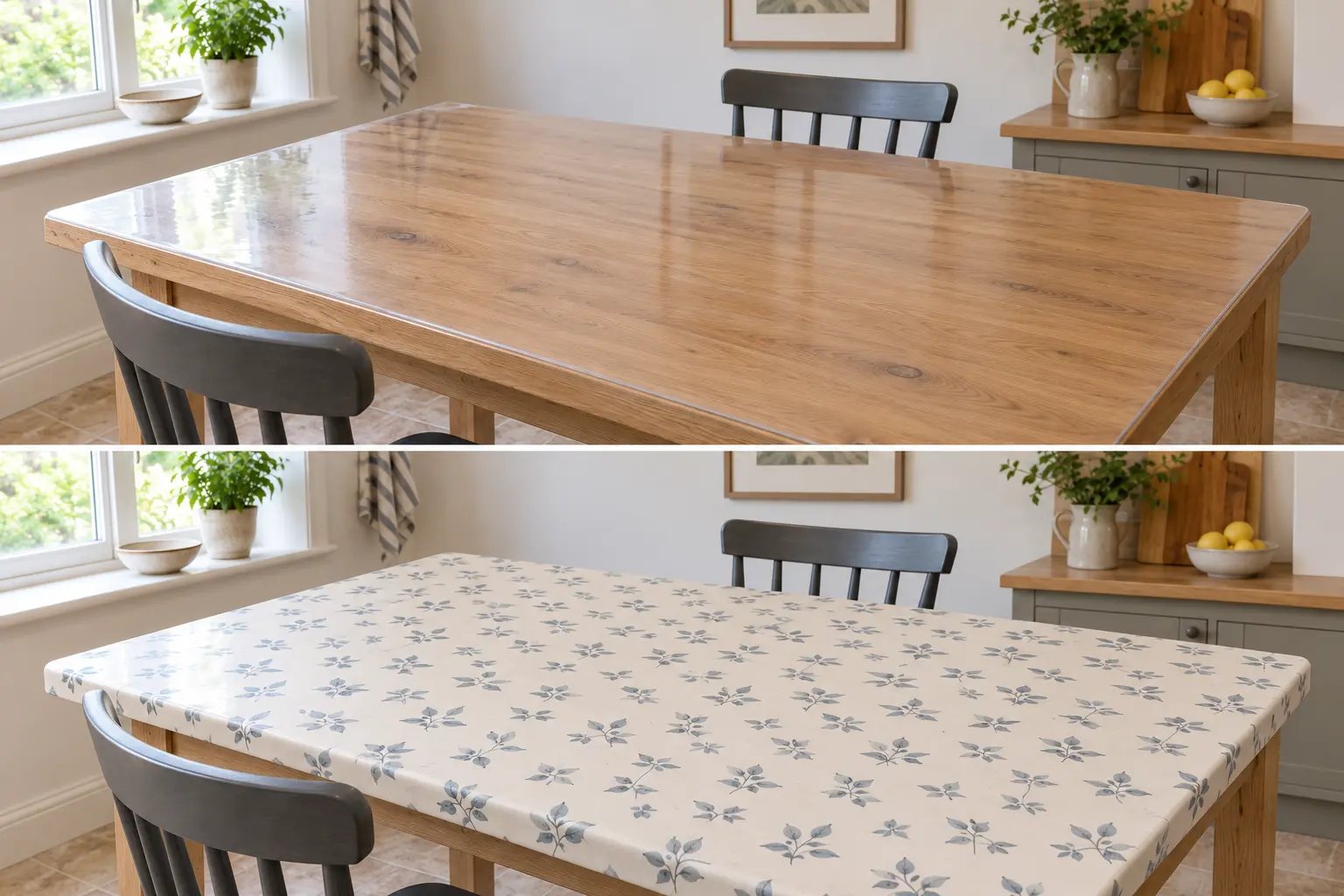 Même table en bois visible sous une protection transparente en haut, puis masquée par un imprimé à feuilles en bas