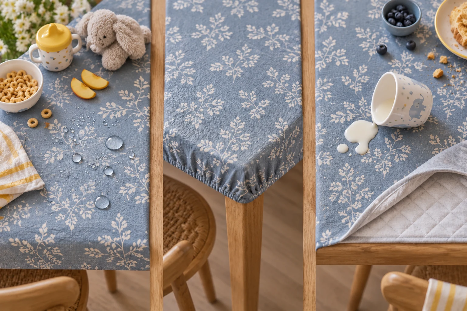 Comparaison d’une toile enduite, d’un bord élastiqué et d’une sous-couche pour repas d’enfant