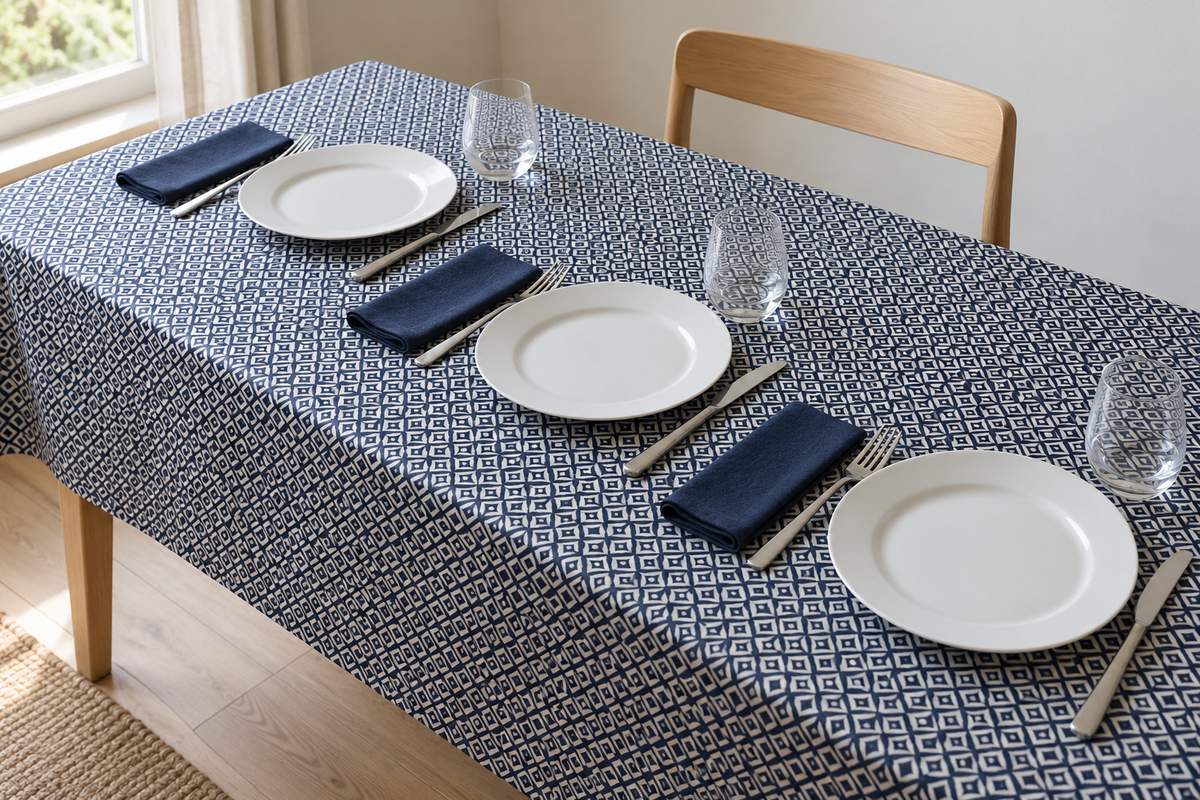 Assiettes en porcelaine blanche sur une toile cirée à petit motif bleu marine