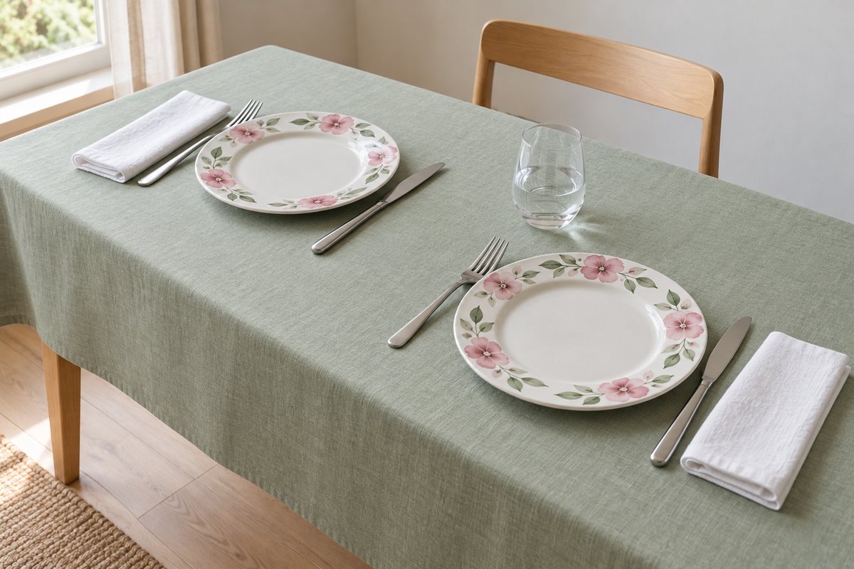 Assiettes à fleurs roses sur une nappe unie vert sauge pâle reprenant le feuillage