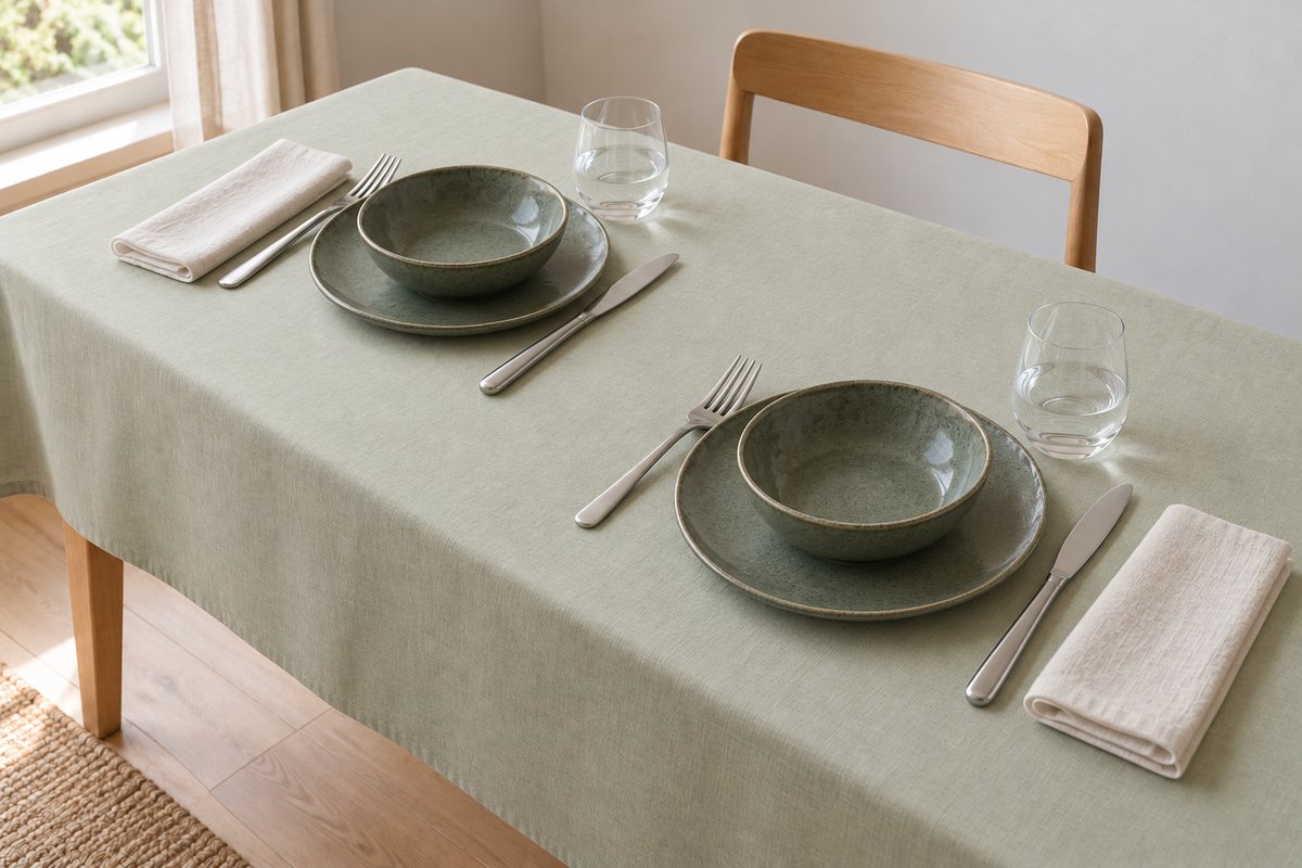 Assiettes en grès vert sauge foncé sur une nappe vert amande très clair