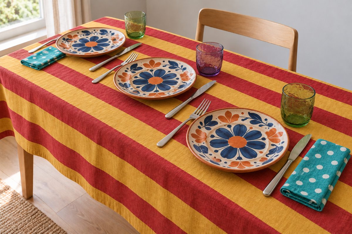 Table surchargée : nappe rayée, assiettes fleuries, verres colorés et serviettes à pois