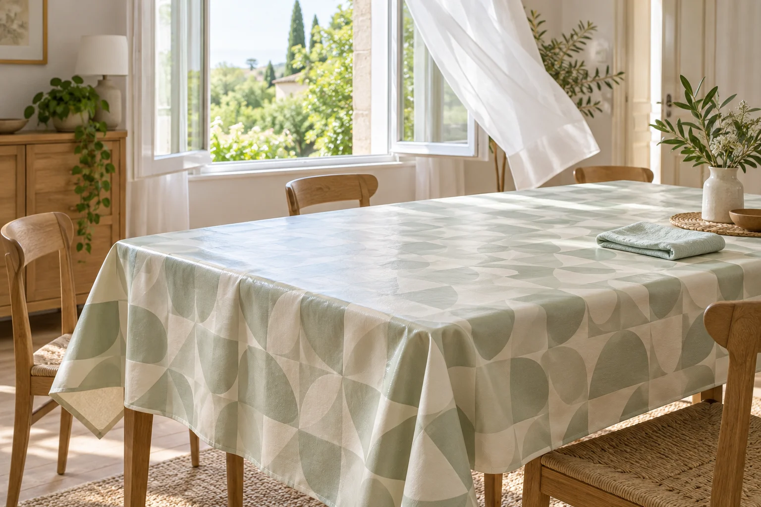 Nappe PVC dépliée sur une table près d’une fenêtre ouverte