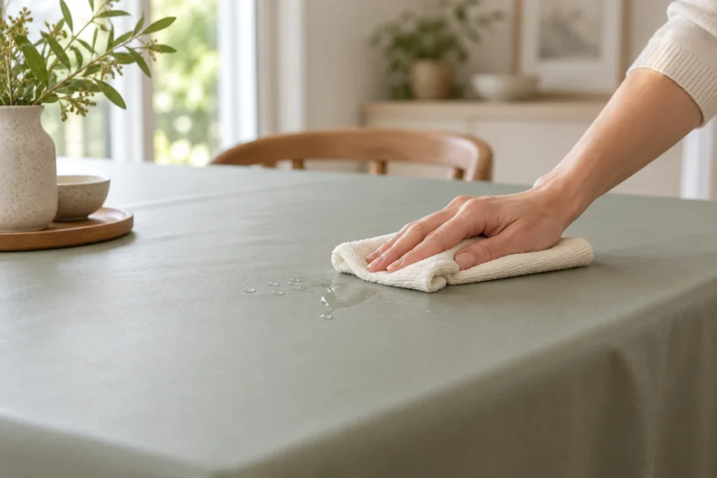 Nettoyage doux d’une toile cirée avec un chiffon — illustration
