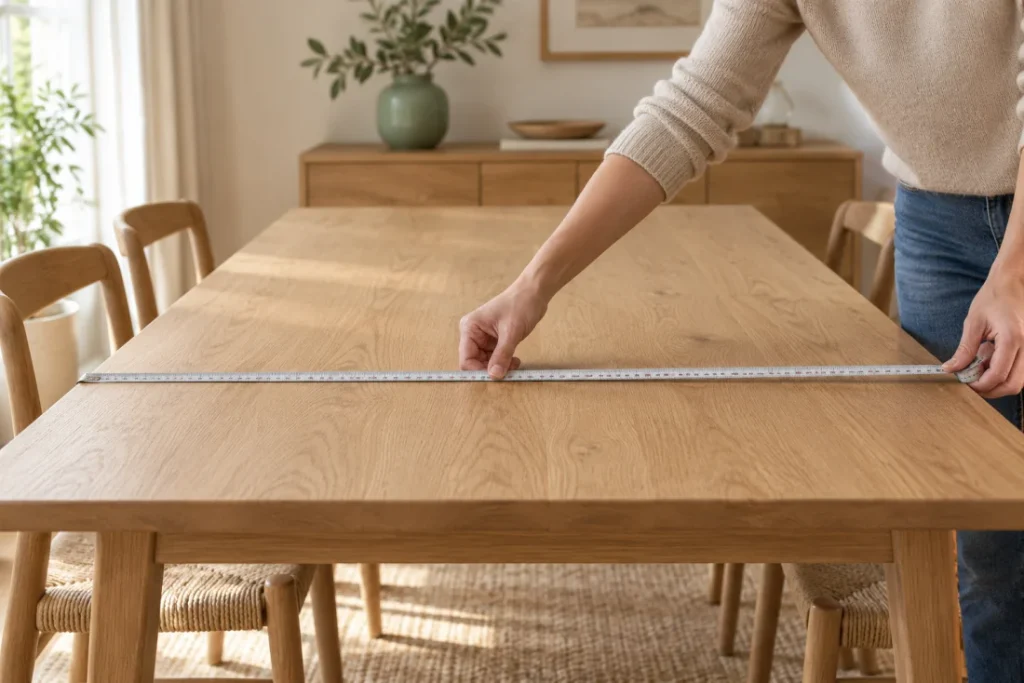 Prise des dimensions d’une table avec un mètre ruban — illustration