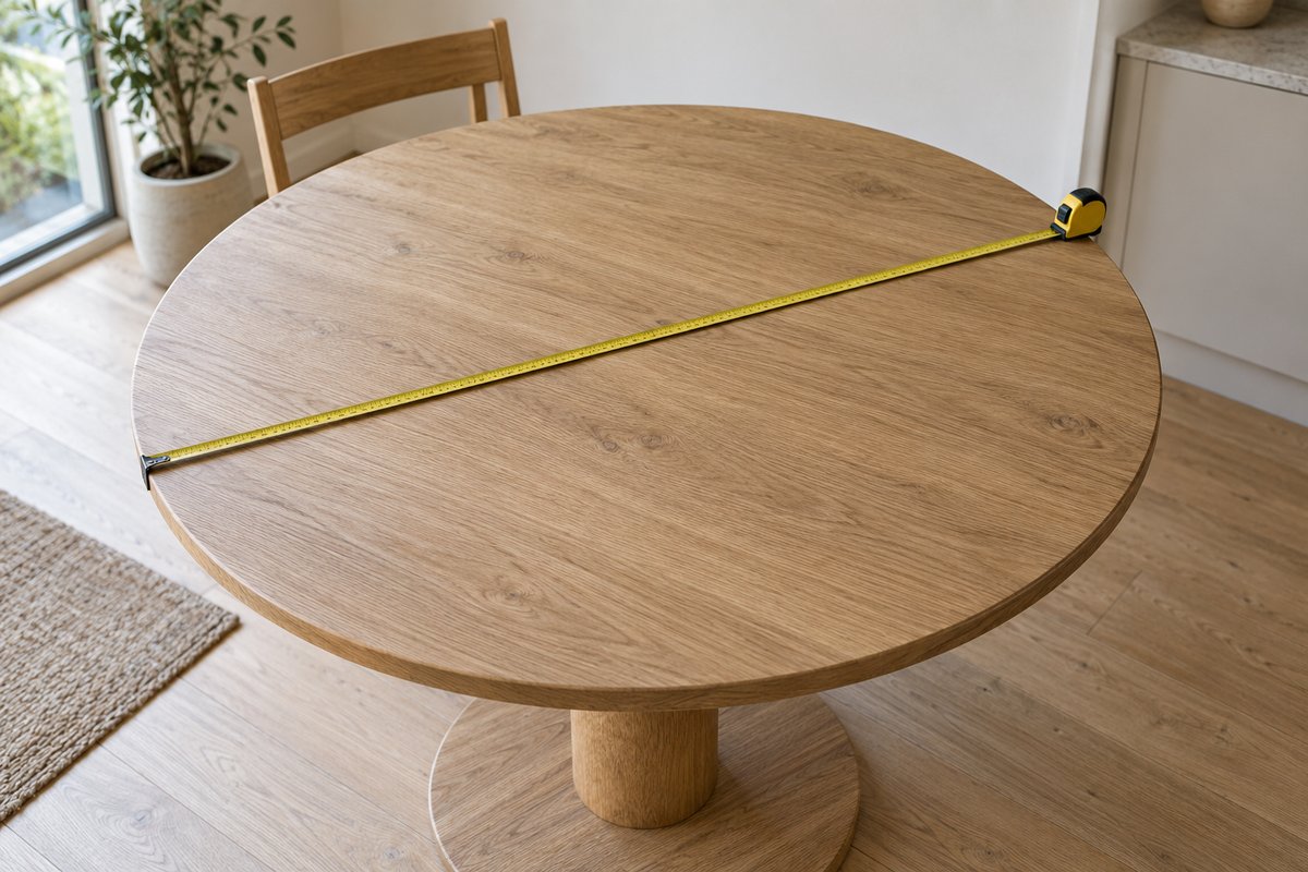 Mètre ruban tendu par le centre d'une table ronde en chêne clair