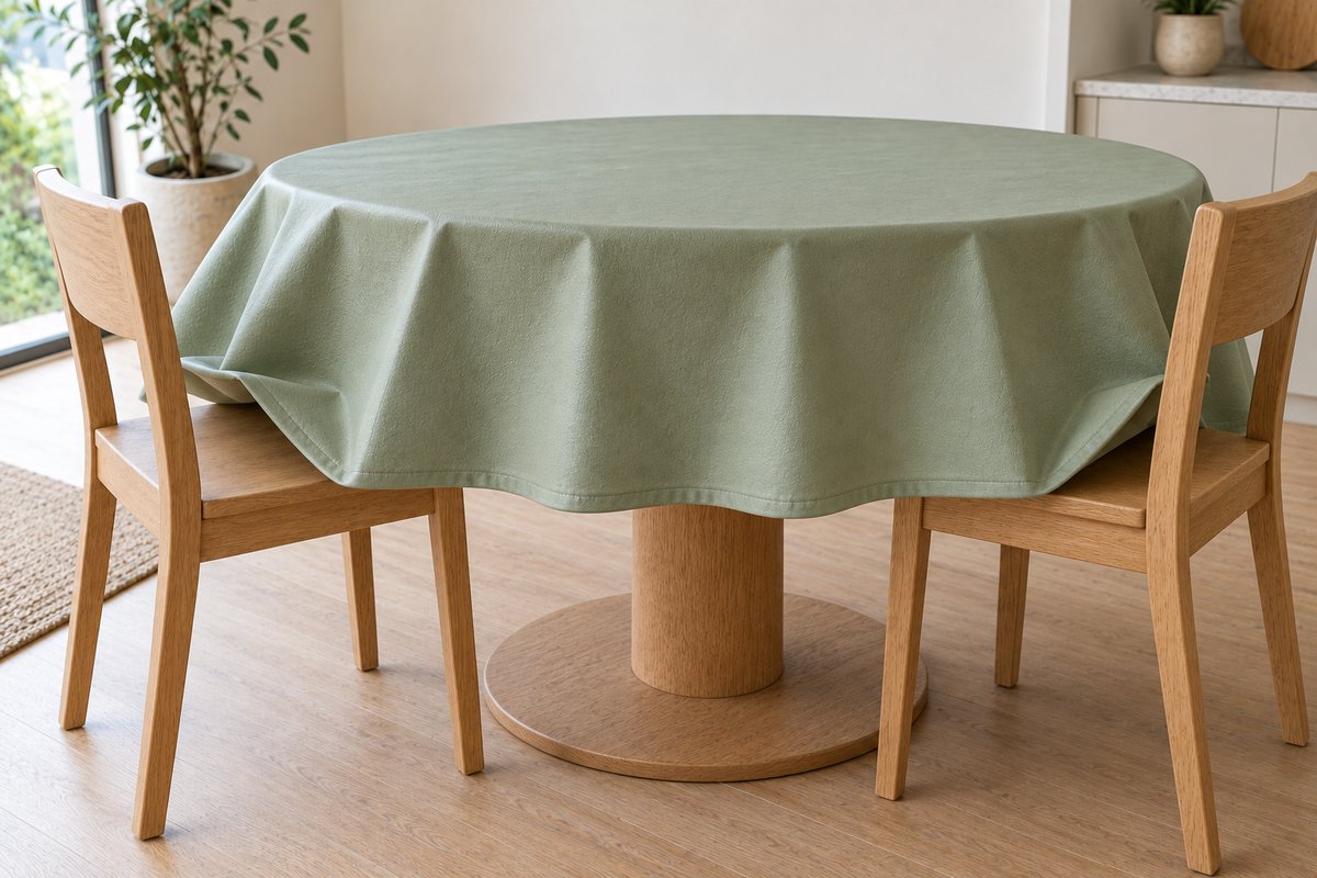 Toile cirée ronde trop longue formant des plis rigides contre les chaises