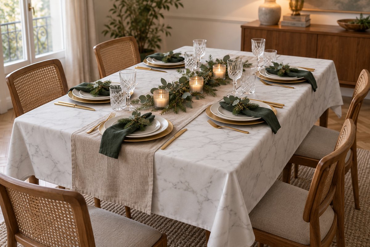 Table de fête dressée sur une nappe blanche effet marbre mate avec chemin de table en lin