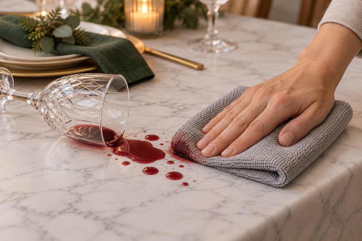 Main tamponnant du vin rouge renversé sur une nappe effet marbre avec une microfibre