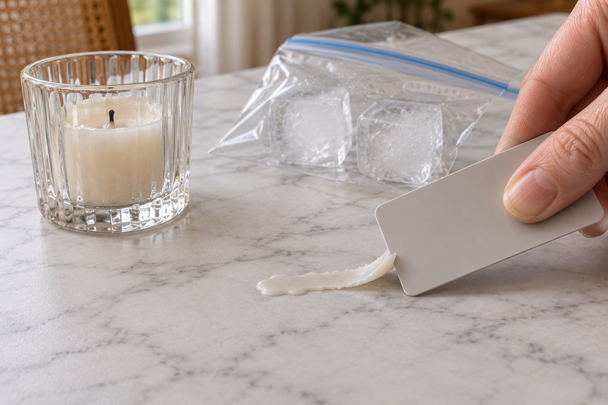 Cire de bougie durcie soulevée avec une carte plastique sur une nappe effet marbre