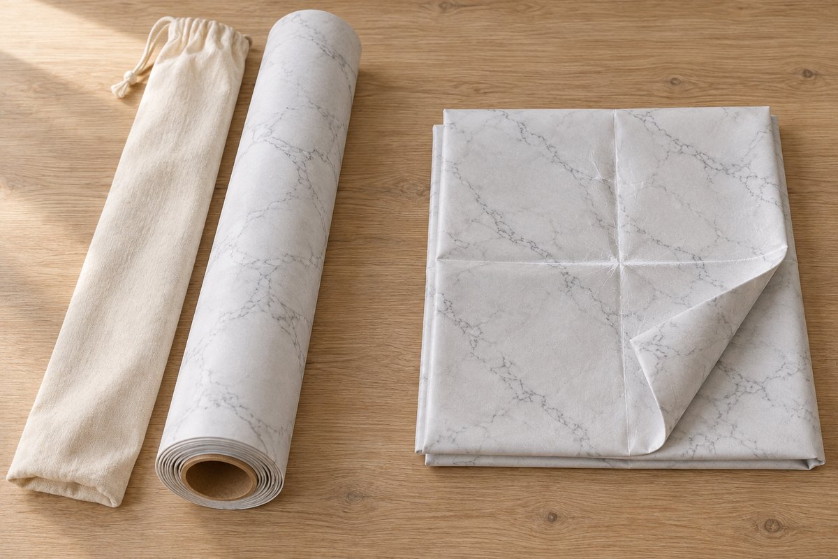 Nappe effet marbre roulée sur un tube à côté d'une nappe pliée aux plis marqués