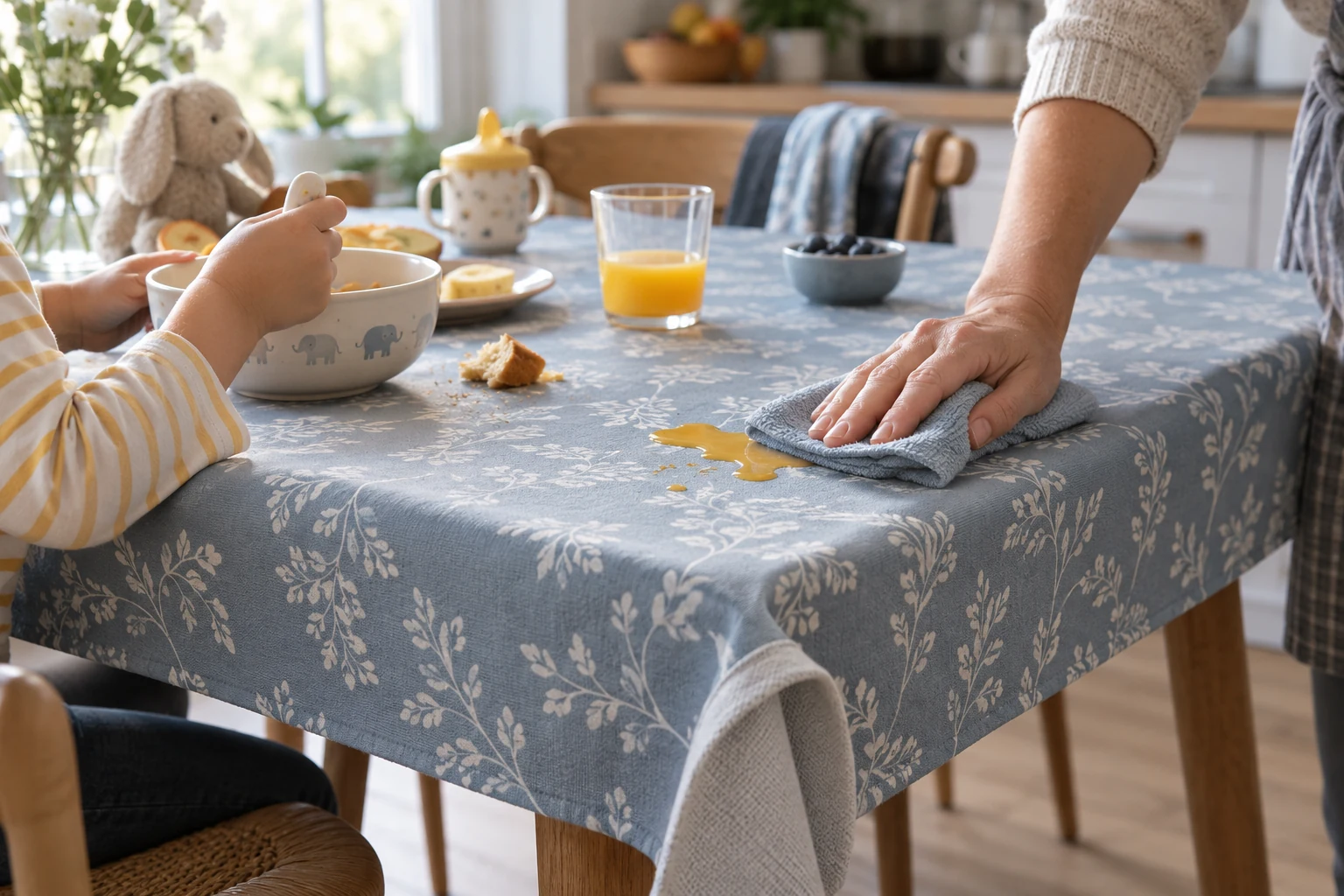 Nappe enduite essuyée après un petit jus renversé pendant un repas d’enfant