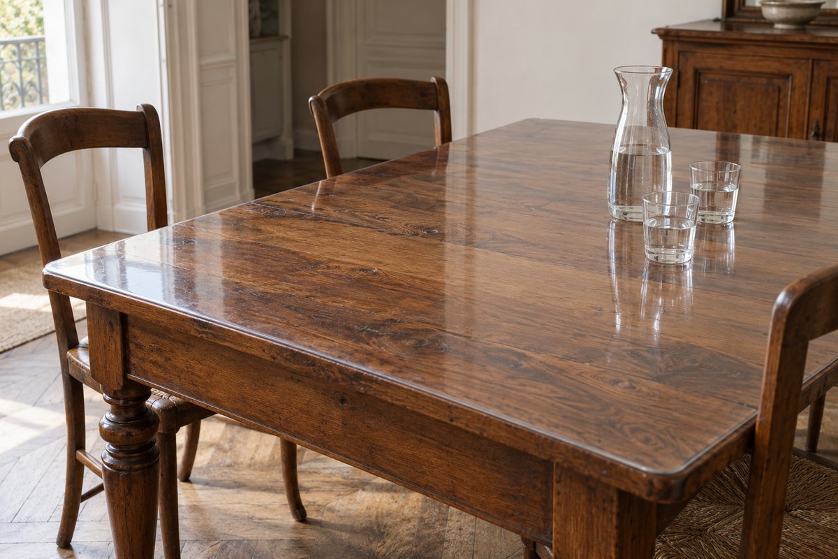 Table ancienne en merisier patiné protégée par une nappe PVC transparente cristal