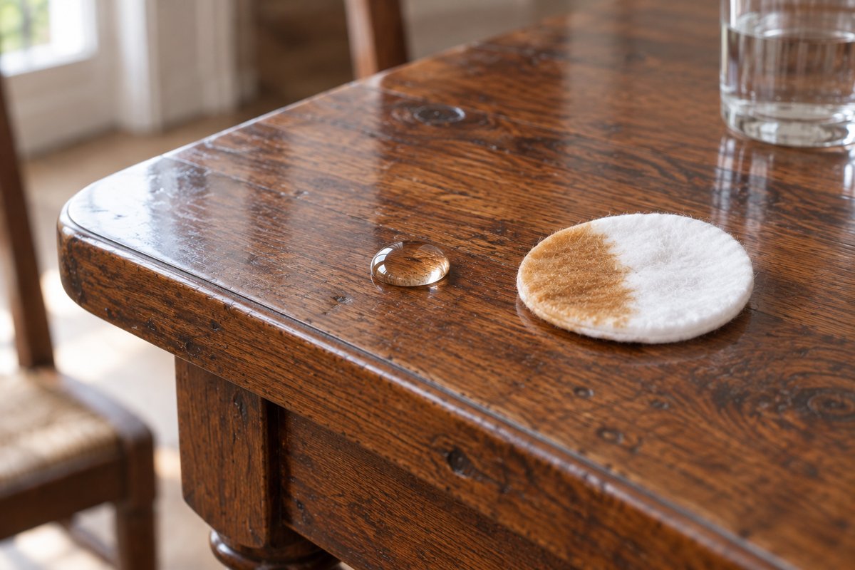Goutte d'eau perlant et coton taché de cire sur le coin d'une table ancienne