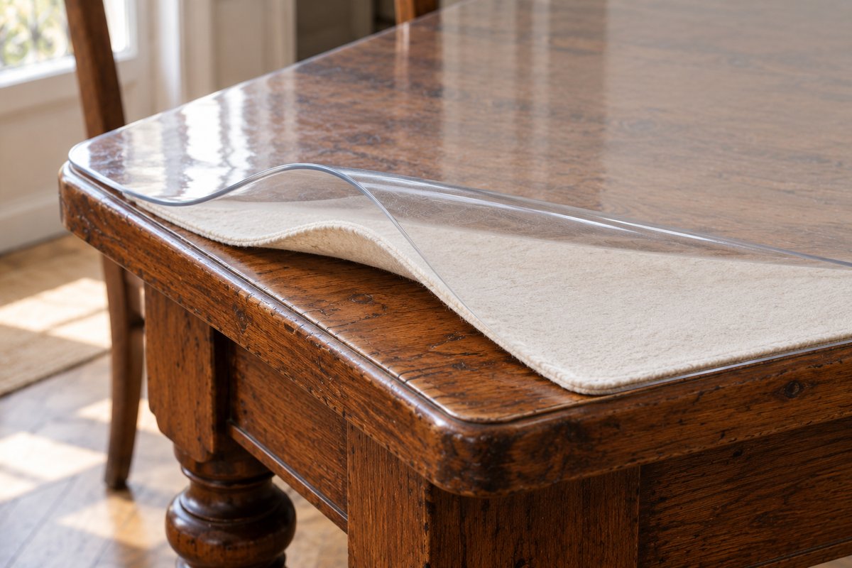 Angle de table ancienne avec nappe PVC transparente soulevée sur molleton de coton