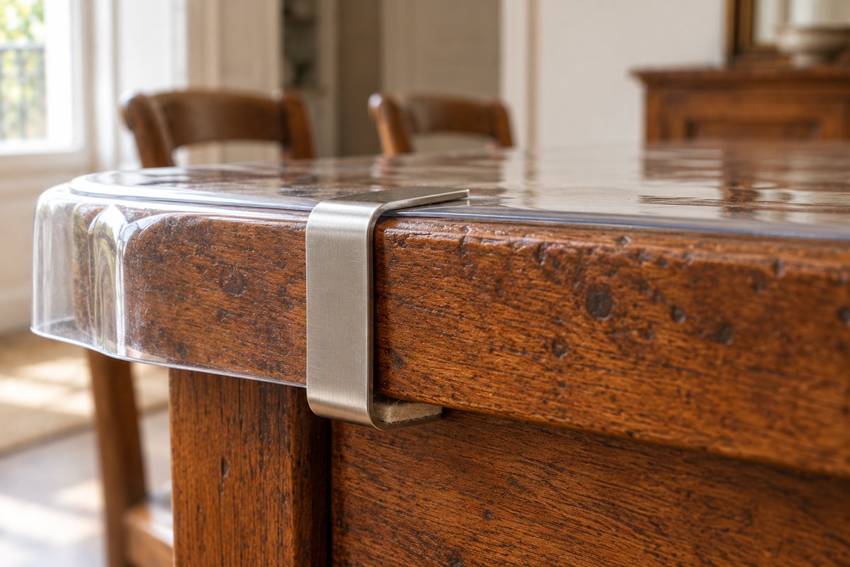 Pince inox avec patin de feutre tenant une nappe transparente sur le chant d'une table