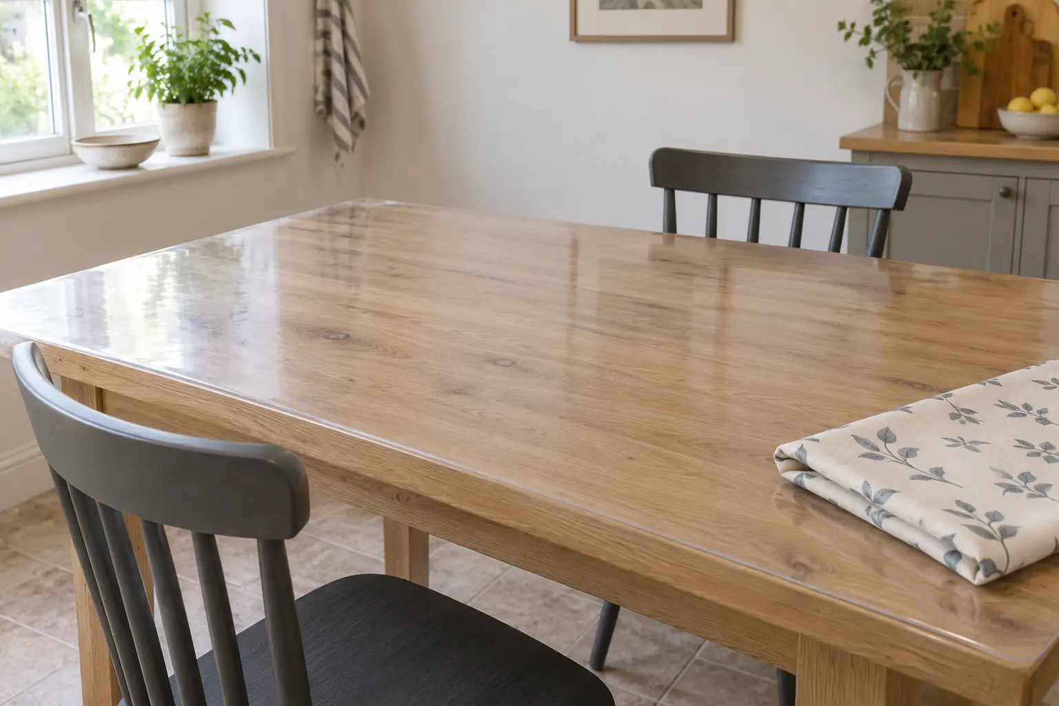 Table en bois clair sous une protection transparente avec un échantillon imprimé à feuilles posé dans un coin